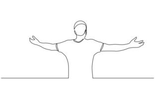 Continuous line drawing of happy man open hand palm feel free line art draw. vector