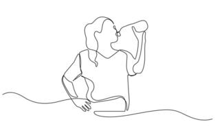 Continuous line drawing of sporty woman drink energy water from bottle, Drinking after exercising activity illustration in simple linear style pro design concept vector