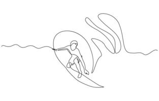 Single continuous line drawing young professional surfer in action riding the waves on blue ocean, Summer vacation trendy one line draw vector