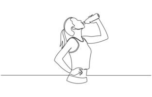 Continuous line drawing of sporty woman drink energy water from bottle, Drinking after exercising activity illustration in simple linear style design concept vector