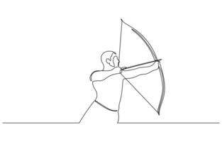 One single line drawing of young archer man focus exercising archery to hit the target, Archer bow athlete aiming target continuous one line drawing. vector