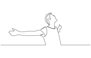 Continuous line drawing of happy man open hand palm feel free line art. vector