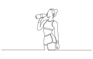 Continuous line drawing of sporty woman drink energy water from bottle, Drinking after exercising activity illustration in simple linear style design concept. vector