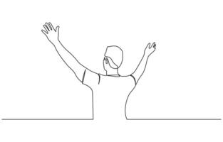 Continuous line drawing of happy man open hand palm feel free vector