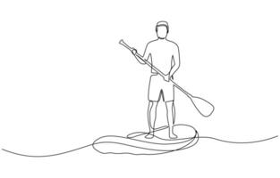Continuous line man standing on paddle board. Single one line drawing happy boy paddle boarding. Summer beach concept. Continuous line draw design graphic design vector