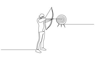 One single line drawing of young archer man focus exercising archery to hit the target, Archer bow athlete aiming target continuous one line drawing, Editable stroke vector