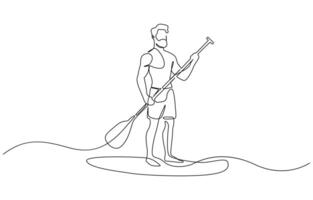 Continuous line man standing on paddle board. Single one line drawing happy boy paddle boarding. Summer beach concept. Continuous line draw design graphic design. vector