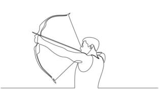 One single line drawing of young archer man focus exercising archery to hit the target, Archer bow athlete aiming target continuous one line drawing vector