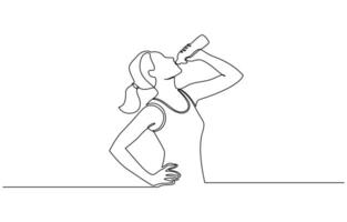 Continuous line drawing of sporty woman drink energy water from bottle, Drinking after exercising activity illustration in simple linear style design concept. Editable stroke. vector