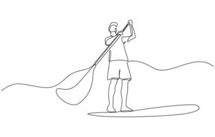 Continuous line man standing on paddle board. Single one line drawing happy boy paddle boarding. Summer beach concept. Continuous line draw design. vector