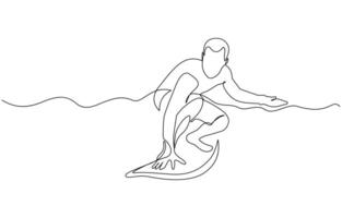Single continuous line drawing young professional surfer in action riding the waves on blue ocean, Summer vacation trendy one line draw design. vector