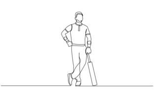 One continuous single line drawing of man cricket player stance standing to receive and hit ball. Cricket Sport, One Line Drawing Reacting. vector