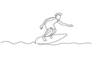 Single continuous line drawing young professional surfer in action riding the waves on blue ocean, Summer vacation trendy one line draw design vector