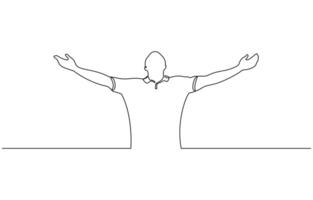 Continuous line drawing of happy man open hand palm feel free. vector
