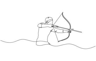 One single line drawing of young archer man focus exercising archery to hit the target, Archer bow athlete aiming target continuous one line drawing, Editable stroke. vector