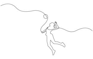 Continuous one line volleyball player woman jumps to throw the ball, Single continuous line female professional volleyball player play game line art. vector