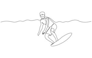 Single continuous line drawing young professional surfer in action riding the waves on blue ocean, Summer vacation trendy one line draw. vector