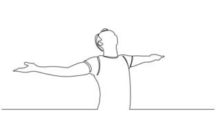 Continuous line drawing of happy man open hand palm feel free line art vector