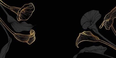 Luxurious calla flower background with calla lily flowers and leaves. Hand drawn gold calla frame and border. design of card, banner, invitation, advertising and packaging vector