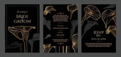 Beautiful golden wedding invitations. Modern and luxurious A4 format design with highly detailed flowers for print and web. Hand drawn calla lily illustrations on black and gold design vector