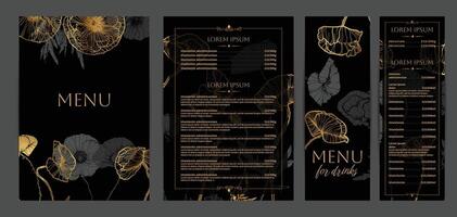 Luxurious food and drinks menu designs. Restaurant menu template. Beautiful A4 format with high quality flowers for print and online usage. Saturated hand drawn line art golden poppies. vector