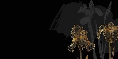 Abstract floral background with golden iris flowers and leaves. Hand drawn line art iris with sketch frame, border. design of card, banner, invitation, advertising and packaging vector