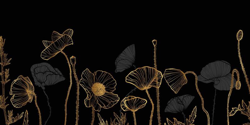 Abstract floral background with gray and golden line art of poppy flowers and leaves. Hand drawn poppies flowers background and pattern frame. design of card, banner, invitation and packaging