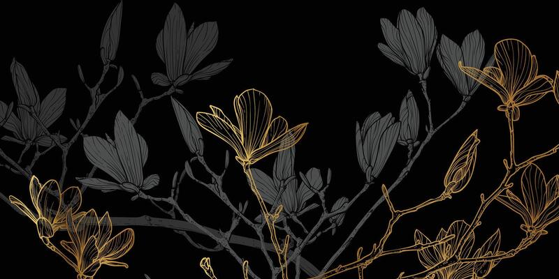 Abstract floral banner with black and gold line art of flowers and leaves. Luxurious hand drawn background. illustration for card design, banner, invitation, advertising and packaging