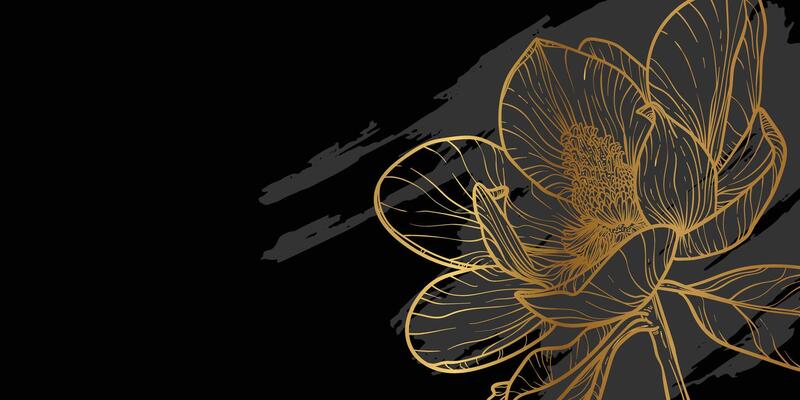 Abstract floral background with gold line art of a magnolia flower. Hand drawn banner with floral frame, border. illustration for card design, banner, invitation, advertising and packaging