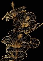 Hibiscus luxurious bouquet hand drawn illustration. Art print with elegant golden flower on a black background. Highly detailed and high quality graphic asset for online and print. vector