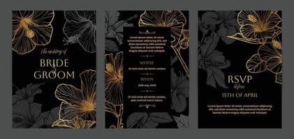Beautiful golden wedding invitations. Modern and luxurious A4 format design with highly detailed flowers for print and web. Hand drawn hibiscus illustrations on black and gold design vector