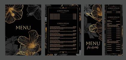Luxurious food and drinks menu designs. Restaurant menu template. Elegant A4 format with high quality flowers for print and online usage. Golden hand drawn line art hibiscus illustrations. vector