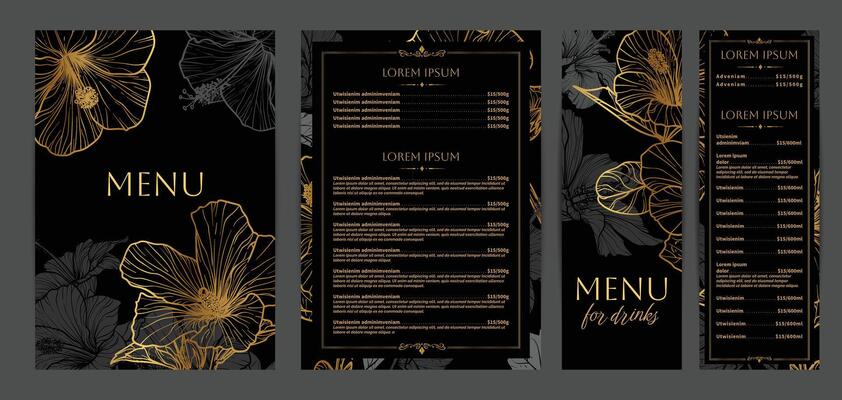 Luxurious food and drinks menu designs. Restaurant menu template. Elegant A4 format with high quality flowers for print and online usage. Golden hand drawn line art hibiscus illustrations.