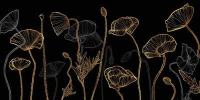 Abstract floral background with golden line art of poppy flowers and leaves. Hand drawn poppies background and pattern. design of card, banner, invitation and packaging vector