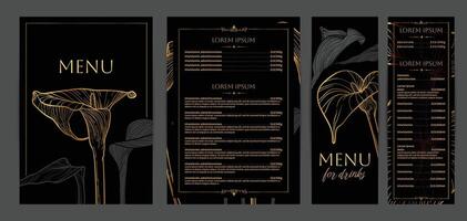 Luxurious food and drinks menu designs. Restaurant menu template. Elegant A4 format with high quality flowers for print and online usage. Golden hand drawn line art calla lily illustrations. vector