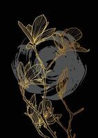 A4 gold magnolia line art hand drawn illustration. Art print with spring flower over a dark gray sketch mark. Highly detailed and high quality graphic asset for online and print. vector