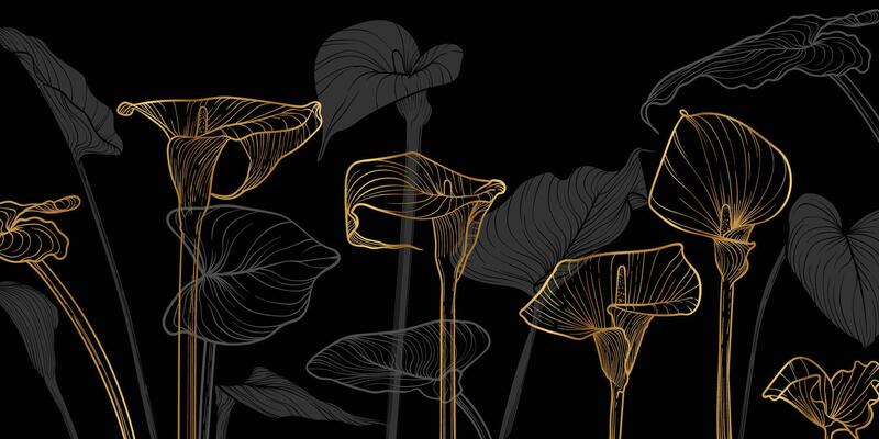 Luxurious floral background with gold line art of calla lily flowers and leaves. Hand drawn calla flowers background and pattern frame. design of card, banner, invitation and packaging