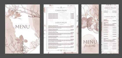 Colorful food and drinks menu designs. Restaurant menu template. Beautiful A4 format with high quality flowers for print and online usage. Pastel hand drawn line art magnolia illustrations. vector