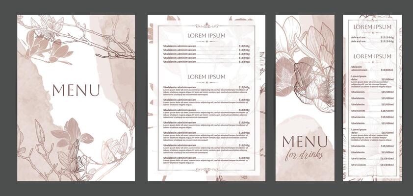 Colorful food and drinks menu designs. Restaurant menu template. Beautiful A4 format with high quality flowers for print and online usage. Pastel hand drawn line art magnolia illustrations.
