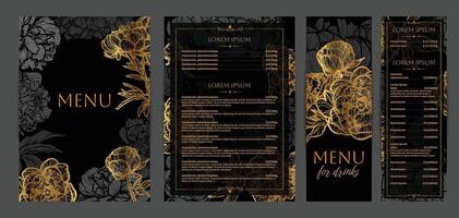 Luxurious drinks and food menu designs. Restaurant menu template. Beautiful A4 format with high quality flowers for print and online usage. Saturated hand drawn line art golden poppies. vector
