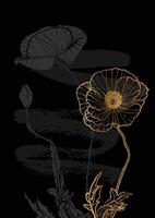A4, A3 poppy line art hand drawn illustration. Art print with yellow and green summer flowers and a pink sketch mark. High quality graphic asset for online and print. vector