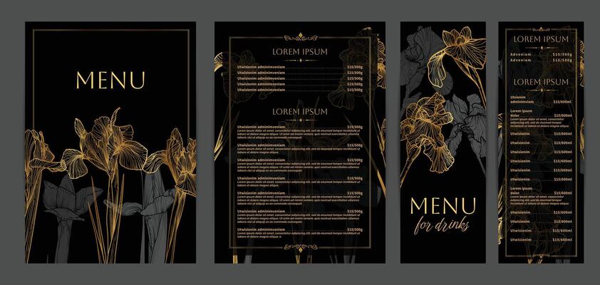 Colorful food and drinks menu designs. Restaurant menu template. Luxurious A4 format with high quality flowers for print and online usage. Hand drawn line art golden iris illustrations.
