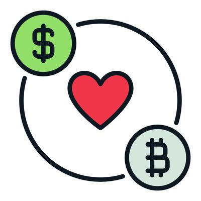 Dollar and Bitcoin with Red Heart Crypto Traders and Investors colored icon or sign