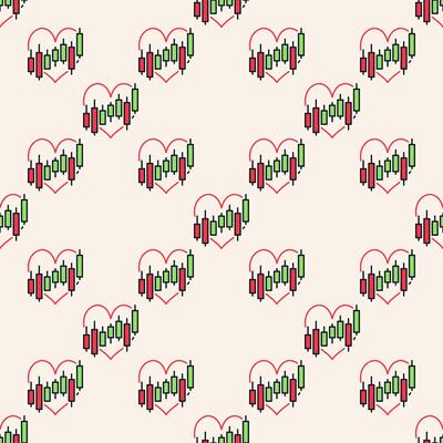 Candlestick Chart inside Red Heart Trading colored seamless pattern