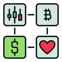 Dollar,Bitcoin,Red Heart and Candle Chart colored icon or sign vector