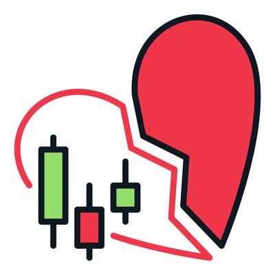 Red Broken Heart with Candlestick Chart I Hate Crypto Trading colored icon or sign in outline style