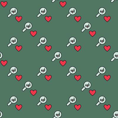 Candlestick Graph inside Magnifier glass and Red Heart Love for Investing colored seamless pattern