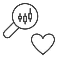 Magnifier with Candlestick Graph and Heart Love for Investing icon or sign in thin line style vector