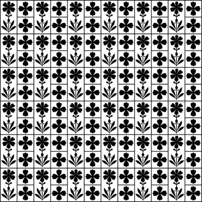 Minimalist Black and White Floral Pattern with Geometric Elements for Modern Fabric Prints