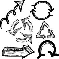 Hand Drawn Arrows Set, Doodle Arrow Sketch Collection, Circular Recycle Symbol, Thick Curved Arrow Design, Grunge Marker Style Directional Elements vector
